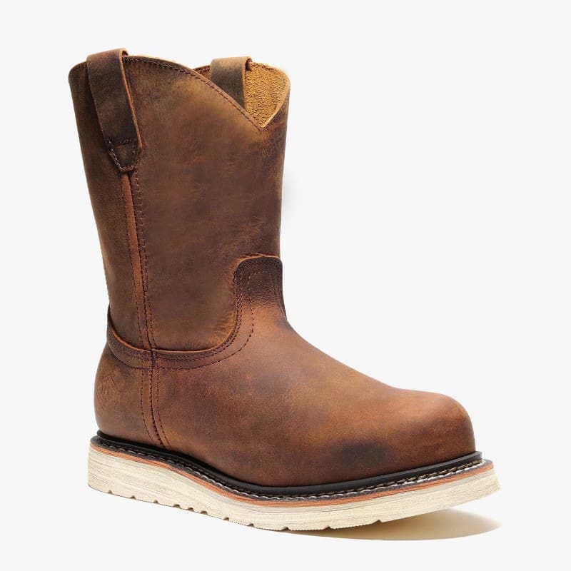 A brown work boot with white sole and toe.