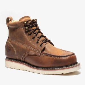 A brown boot with white sole and tan laces.