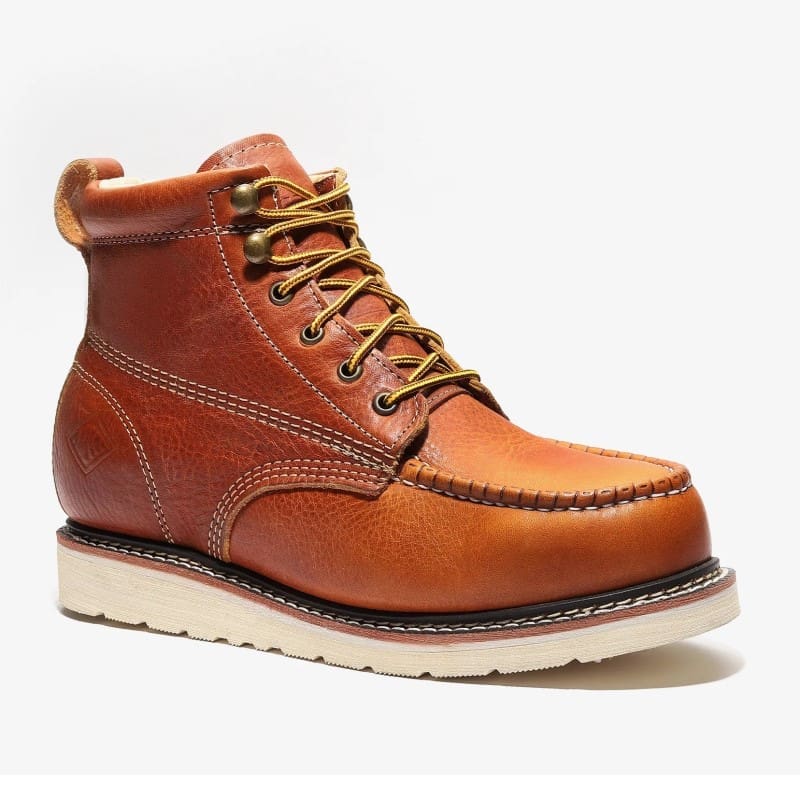 A brown work boot with white sole and yellow laces.