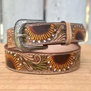 A brown belt with sunflowers and silver conchos.