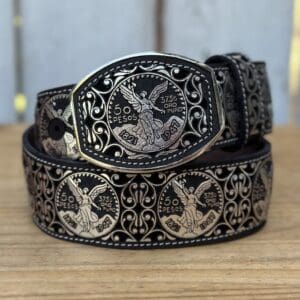 A black and silver belt with a metal buckle