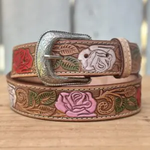 A close up of a belt with flowers on it