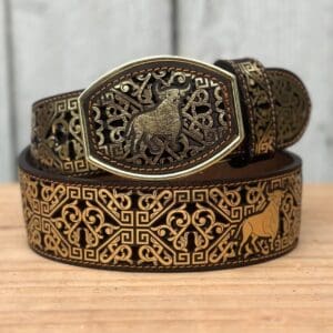 A belt with an animal on it and some brown designs