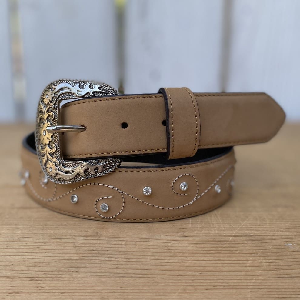 A brown leather belt with silver and gold embellishments.