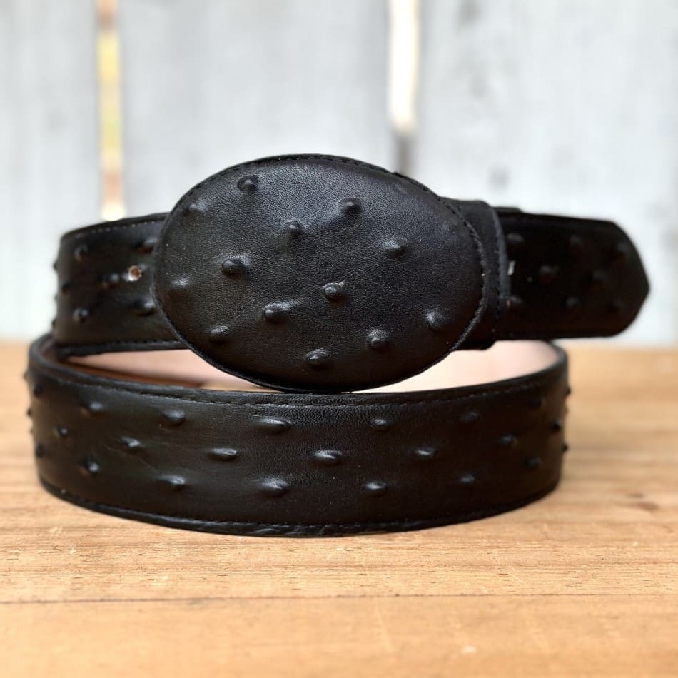 A black leather belt with a round buckle.