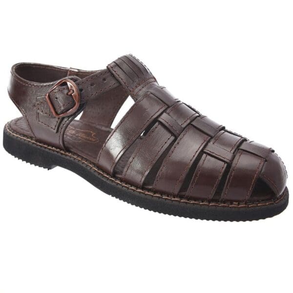 A brown sandal with a buckle on the side.