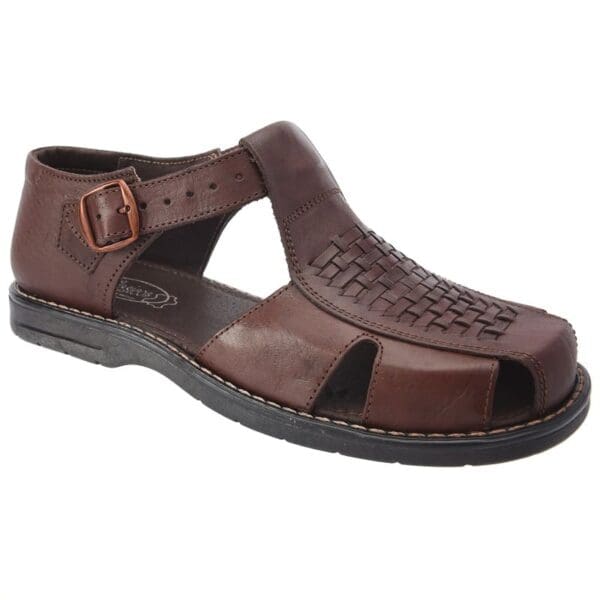 A brown sandal with a buckle on the side.