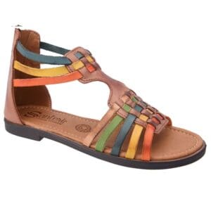 A pair of sandals with multi colored straps.