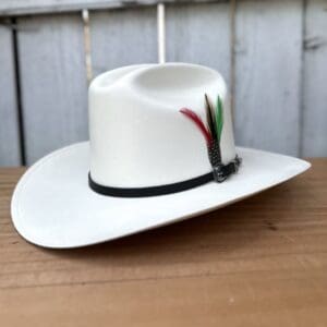 A white hat with feathers on top of it.