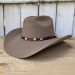 A cowboy hat with a brown band around the brim.