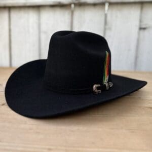 A black cowboy hat with a rainbow band on it.