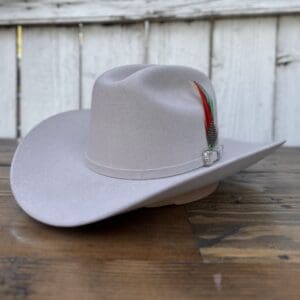 A white cowboy hat with a feather on it.