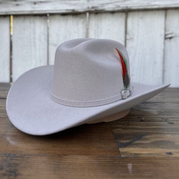 A white cowboy hat with a feather on it.