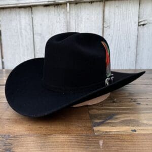 A cowboy hat sitting on top of a wooden table.