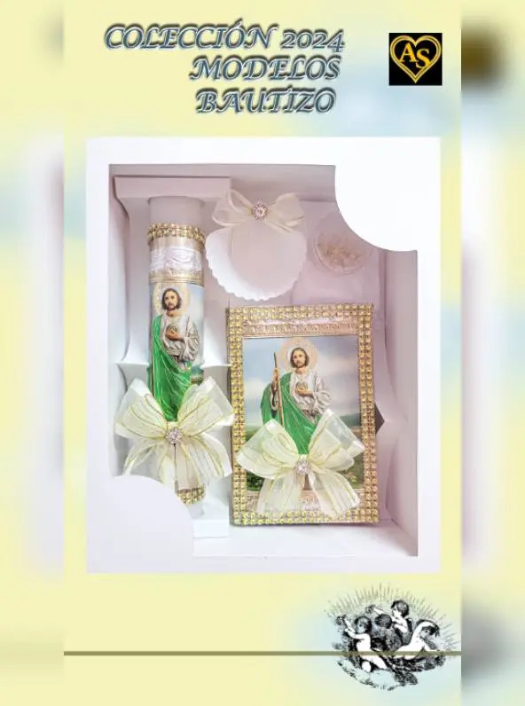 A gift set with a picture of jesus and a candle.