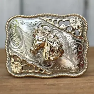 Hebilla Dorada y Plateada con Diseño de Caballo Versión 2 - Hebillas Vaqueras para Hombre por Mayoreo