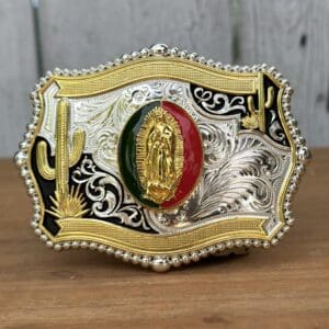 Hebilla Dorada y Plateada con Diseño de Virgen de Guadalupe Versión 1 - Hebillas Vaqueras para Hombre por Mayoreo