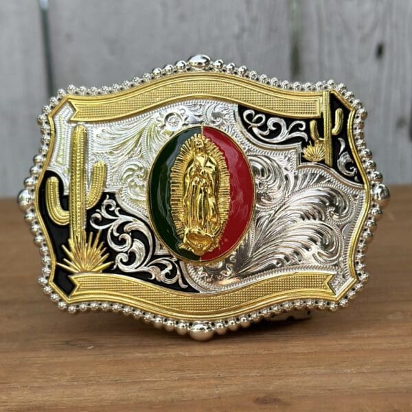 Hebilla Dorada y Plateada con Diseño de Virgen de Guadalupe Versión 1 - Hebillas Vaqueras para Hombre por Mayoreo