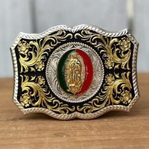 Hebilla Dorada y Plateada con Diseño de Virgen de Guadalupe Versión 2 - Hebillas Vaqueras para Hombre por Mayoreo