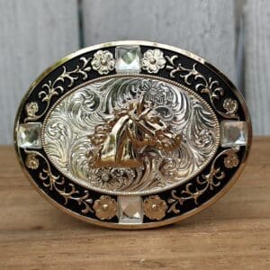 Hebilla Ovalada Dorada, Plateada y Negra con Diseño de Caballo - Hebillas Vaqueras para Hombre por Mayoreo