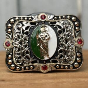 Hebilla Vaquera de San Judas con 4 Gemas Rojas por Mayoreo - Hebillas Vaqueras para Hombre por Mayor
