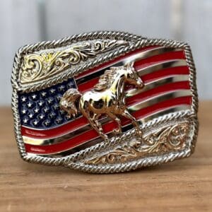 Hebilla con Bandera de Estados Unidos y Caballo - Hebillas Vaqueras para Hombre