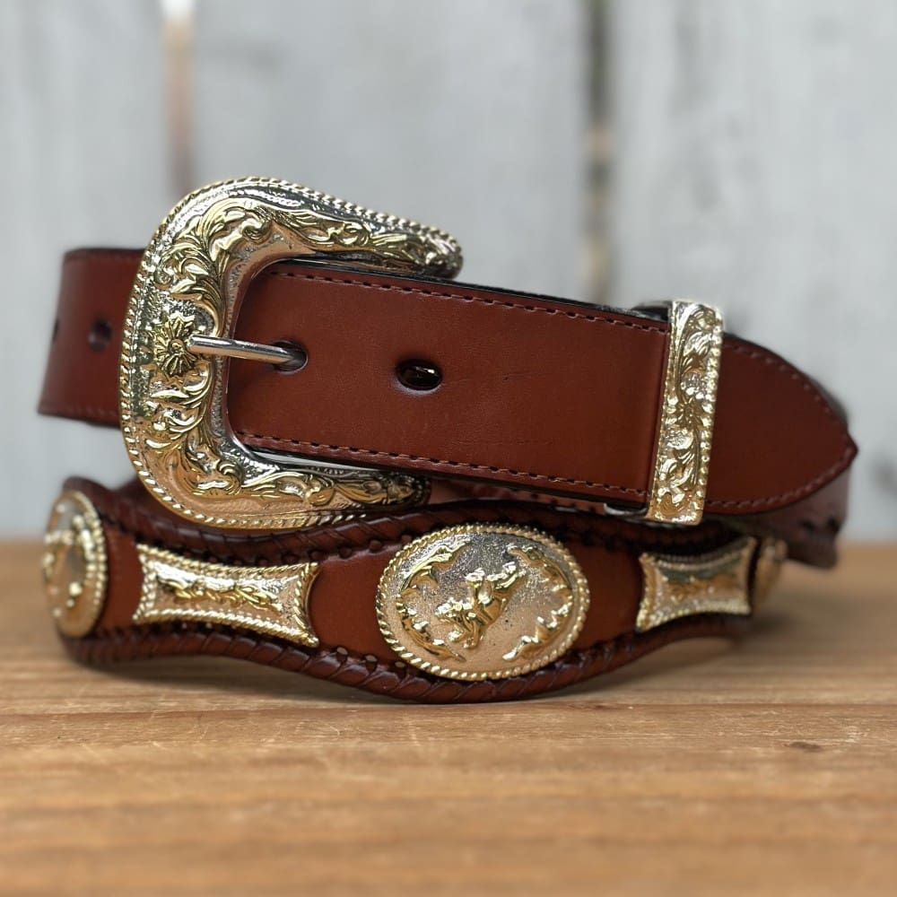 Cinturón con Conchos de Alpaca en Color Cognac – Cinturones Vaqueros para Hombre por Mayoreo