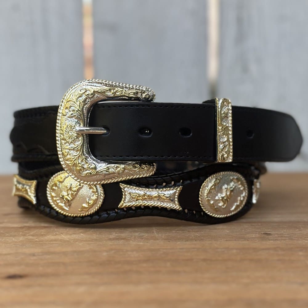 Cinturón con Conchos de Alpaca en Color Negro – Cinturones Vaqueros para Hombre por Mayoreo